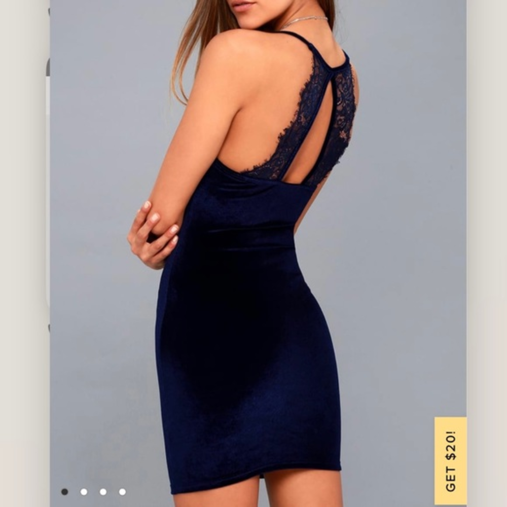 Lulus Sultry Summoning‎ Navy Blue Velvet Lace Bodycon Mini Dress SMALL